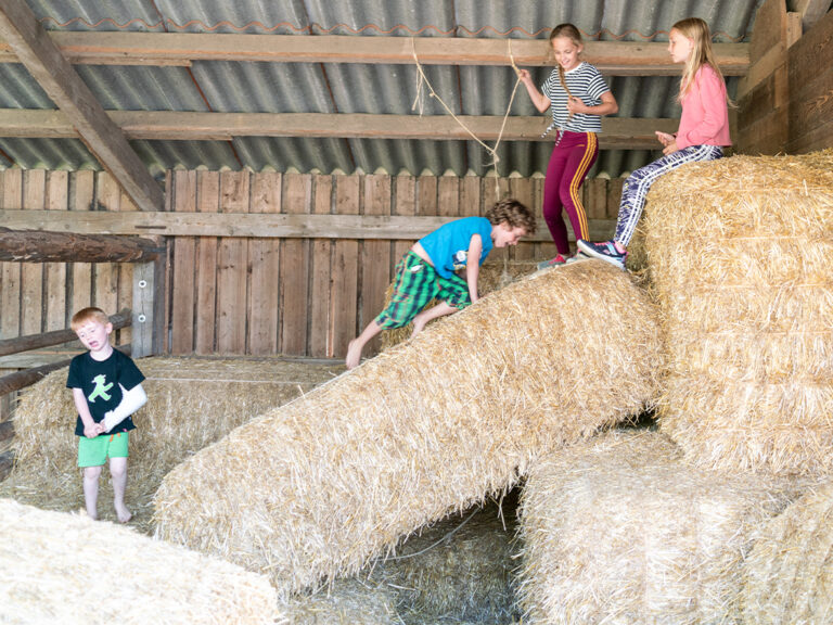 kinder spielen auf strohballen